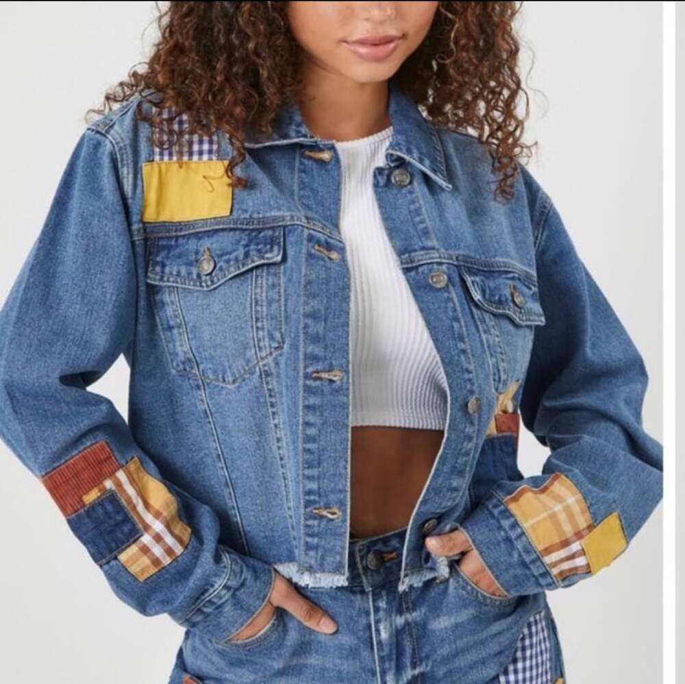 Forever 21 Patchwork Cropped Denim Jacket with Plaid and Corduroy Details New